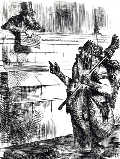 Cartone animato che commenta la sporcizia del Tamigi e le indagini sulla corruzione durante le elezioni a Great Yarmouth, Reigate e Lancaster da John Tenniel