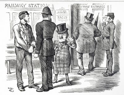 Cartone animato che commenta le richieste per rendere obbligatorio un sistema di segnalazione a blocchi sulle ferrovie britanniche da John Tenniel