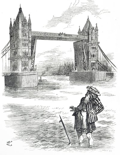 Cartone animato che raffigura Padre Tamigi che ammira il Tower Bridge, Londra da John Tenniel