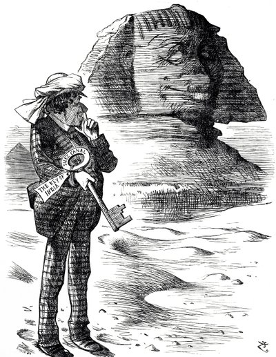 Cartone animato che raffigura il Primo Ministro Benjamin Disraeli che tiene il Canale di Suez come chiave per il possesso e l