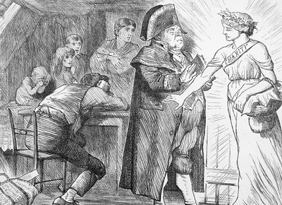 Carità che spazza via le proteste del signor Brumble nella sua determinazione a portare sollievo alle famiglie povere in difficoltà da John Tenniel