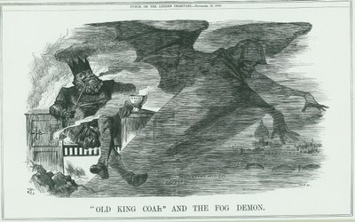 Effetti della combustione del Vecchio Re Carbone su Londra. La nebbia causava asma, bronchite, polmonite, pleurite, ecc. Vignetta di John Tenniel da Punch, Londra da John Tenniel