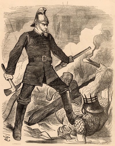 Eyre Massey Shaw che combatte il fuoco, da "Punch" Londra, 20 agosto 1887 da John Tenniel