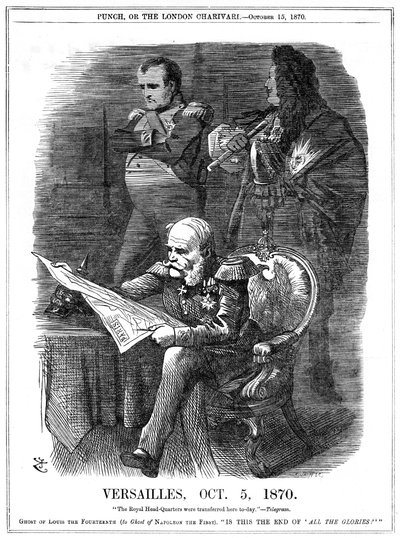 Guerra franco-prussiana 1870-1871: Ombre di Luigi XIV e Napoleone I che lamentano il declino della gloria della Francia. Il 5 ottobre 1870 Guglielmo I, Re di Prussia, fece di Versailles il suo quartier generale, e il 18 gennaio fu dichiarato Imperatore di  da John Tenniel