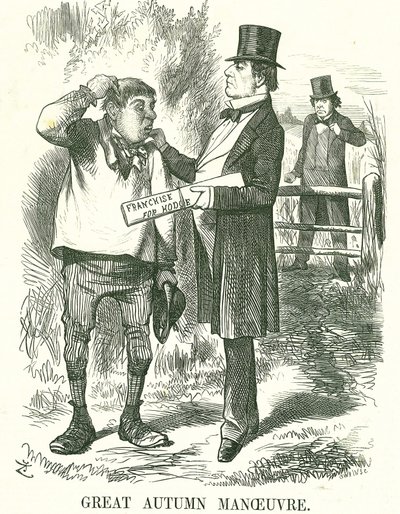 Grande manovra autunnale: Gladstone pensava che alla fine il voto dovesse essere dato ai lavoratori agricoli (Hodge). In quel momento il suo primo ministro era instabile e Disraeli aspettava di prendere il suo posto. Caricatura di John Tenniel da Punch, Lo da John Tenniel