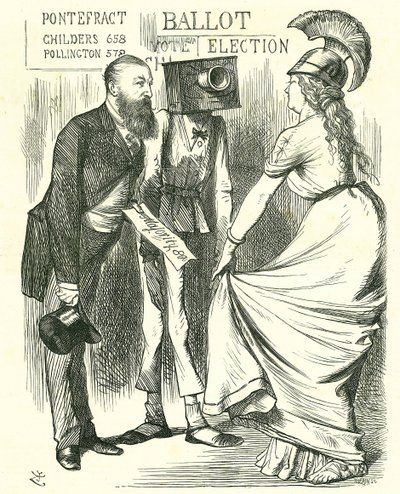 Hugh Childers (1827-1896) parlamentare britannico, che racconta a Britannia del successo della nuova urna elettorale. Caricatura di John Tenniel da 