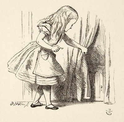 Guardando dietro la tenda, da Le avventure di Alice nel Paese delle Meraviglie di Lewis Carroll, pub. 1891 da John Tenniel