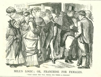 La logica di Mill: o, il suffragio per le donne: John Stuart Mill che chiede a un indignato John Bull di fare spazio alle donne per votare. La figura in primo piano, seconda da sinistra, è Lydia Ernestine Becker, sostenitrice del suffragio femminile. Caric da John Tenniel