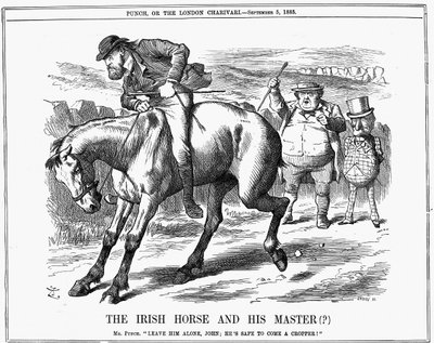 Mr Punch dice a John Bull di ignorare Charles Stewart Parnell, politico irlandese, poiché è destinato a fallire cavalcando il cavallo irlandese. John Tenniel cartone da Punch, Londra, 5 settembre 1885. Incisione da John Tenniel