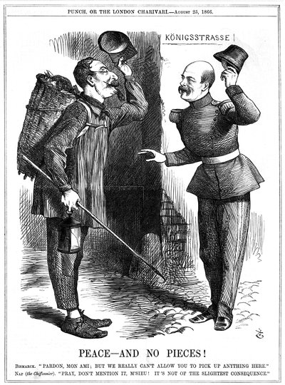 Napoleone III, Imperatore francese 1852-1870, vestito da straccivendolo, allontanato da Otto von Bismarck, il Cancelliere prussiano. Le ambizioni territoriali di Napoleone portarono alla guerra franco-prussiana del 1870-71. Vignetta di John Tenniel da Punc da John Tenniel