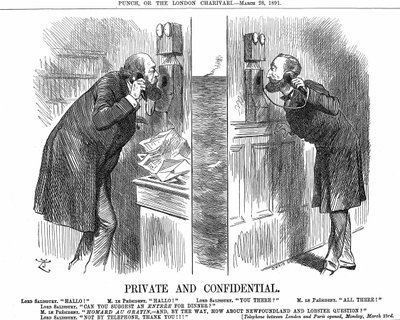 Apertura della linea telefonica anglo-francese. Il Primo Ministro britannico (Lord Salisbury) in conversazione con il Presidente francese (Sadi Carnot). Vignetta di John Tenniel da Punch, Londra 28 marzo 1891. Incisione su legno. da John Tenniel