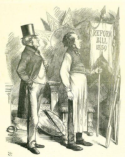 Economia Politica: Riforma del Parlamento - estensione del diritto di voto. Disraeli (Cancelliere) e Derby (Primo Ministro) spolverano il Reform Bill. Nel 1867 Disraeli introdusse un nuovo disegno di legge. Vignetta di John Tenniel da Punch, Londra da John Tenniel