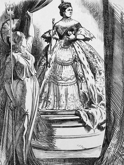La regina Vittoria esortata da Britannia a tornare nel mondo dopo il suo lungo lutto da John Tenniel