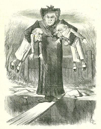 Metti giù due e porta uno?: Gladstone, il primo ministro britannico, in un dilemma su quale dei controversi disegni di legge irlandesi abbandonare. Cartone animato di John Tenniel da Punch, Londra, 3 aprile 1886 da John Tenniel