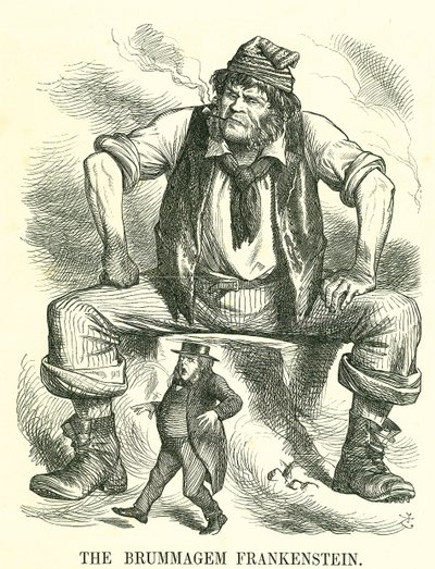 Il Frankenstein di Birmingham: Riforma del Parlamento - estensione del diritto di voto. John Bright a un incontro di riforma a Birmingham disse di non temere il suffragio universale maschile. Vignetta di John Tenniel da 