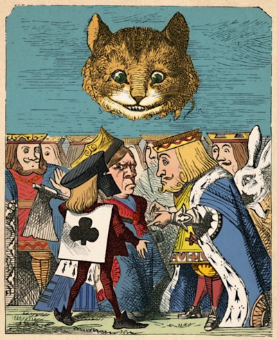 Il gatto del Cheshire guarda il re rosso e la regina rossa che litigano, 1889 da John Tenniel