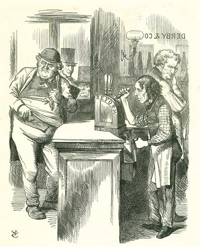 Il ragazzo onesto: Riforma del Parlamento - estensione del diritto di voto. Disraeli serve la Riforma a John Bull osservato dalla sua opposizione parlamentare. Ha introdotto e portato avanti il suo disegno di legge sulla riforma. Vignetta di Tenniel da Pun da John Tenniel