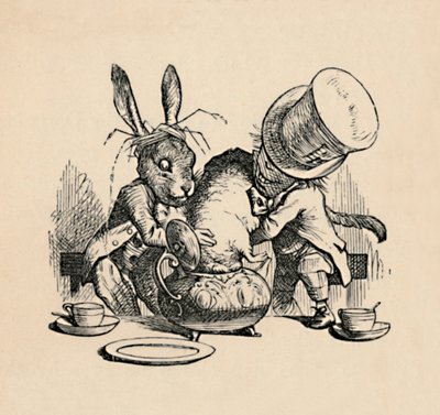 Il Cappellaio Matto e la Lepre Marzolina cercano di mettere il Ghiro in una teiera, 1889 da John Tenniel