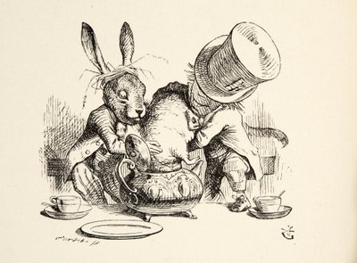 Il Cappellaio Matto e la Lepre Marzolina mettono il Ghiro nella Teiera, da Le Avventure di Alice nel Paese delle Meraviglie di Lewis Carroll, pub. 1891 da John Tenniel