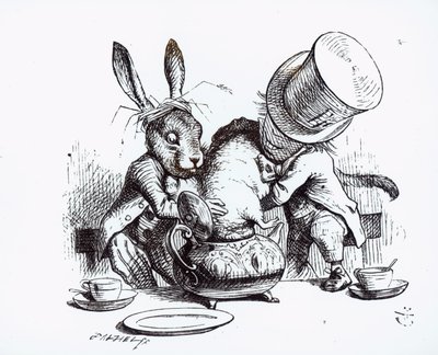 Il Cappellaio Matto e la Lepre Marzolina mettono il Ghiro nella teiera, illustrazione da 
