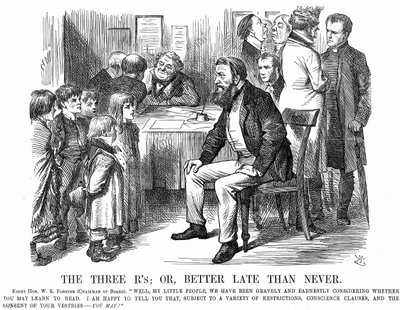 Le tre R, o, Meglio tardi che mai, vignetta da Punch, che mostra William Edward Forster come presidente di una scuola parlando agli alunni, marzo 1870 (incisione) da John Tenniel
