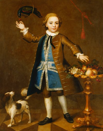 Ritratto di un ragazzo con un cappotto marrone e un pappagallo, 1741 da John Theodore Heins