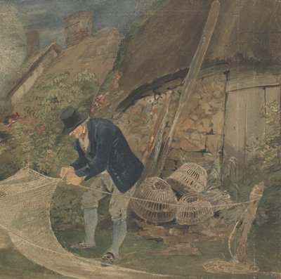 Un vecchio pescatore che ripara le reti con un cottage sullo sfondo da John Thirtle