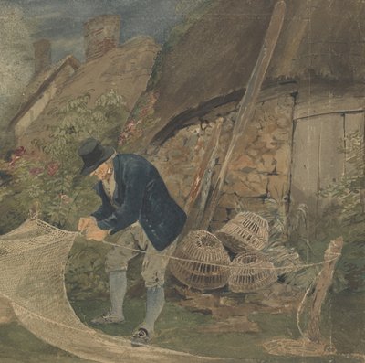 Un vecchio pescatore che ripara le reti con un cottage sullo sfondo da John Thirtle