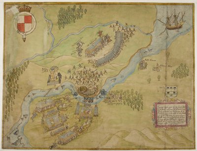 Cotton Augustus I ii 38, Disegno a colori della battaglia di Ballyshannon da John Thomas