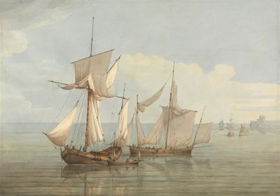 Una hoy e una lugger con altre navi su un mare calmo da John Thomas Serres
