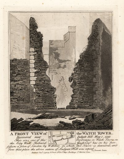 Vista frontale della Torre di Guardia o Barbican nelle Mura della Città scoperta vicino a Ludgate Hill, 1 maggio 1792 da John Thomas Smith
