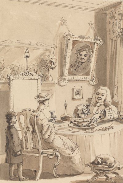 Hogarth beve il primo bicchiere di vino con sua moglie - I loro cani mantengono distanze rispettose da John Thomas Smith