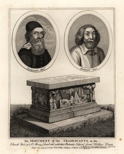 Ritratti ovali dei naturalisti e collezionisti John Tradescant il Vecchio e il Giovane, e il loro monumento funebre nel cimitero di St Mary Lambeth da John Thomas Smith