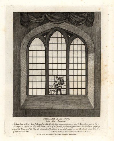 Venditore ambulante e il suo cane nella vetrata della chiesa di Saint Mary-at-Lambeth da John Thomas Smith