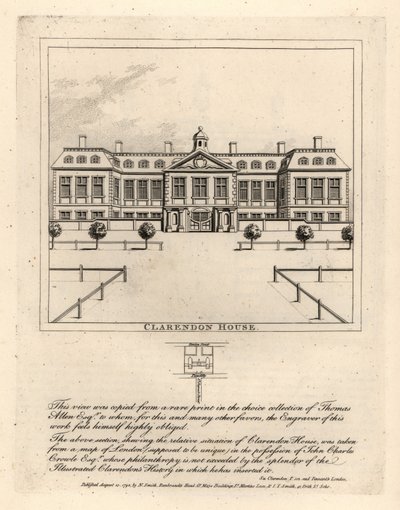 Vista di Clarendon House da St James Street, da una rara stampa nella collezione di Thomas Allen da John Thomas Smith
