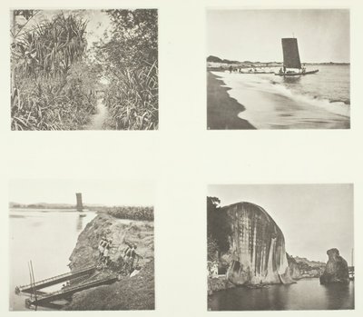 Una Strada di Campagna vicino a Taiwanfu, un Catamarano, Pompe a Catena, Iscrizioni su Roccia, Amoy, c. 1868 da John Thomson