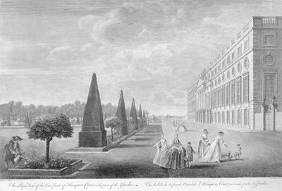 Vista obliqua del fronte est di Hampton Court con parte del giardino, c.1744 da John Tinney