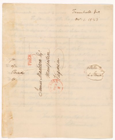 Lettera di John Trumbull (1756-1843) al Presidente Madison datata 1 Ott. 1823 da John Trumbull