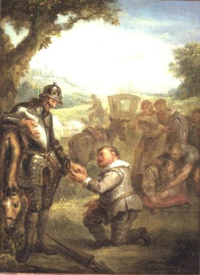 Don Chisciotte dopo il duello con il coraggioso Biscayano, si appoggia al suo cavallo Ronzinante, mentre Sancho Panza chiede il governatorato dell