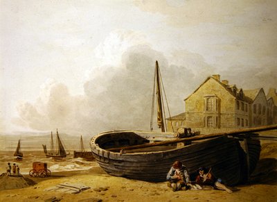 Una barca da pesca tirata su sulla spiaggia di Hastings da John Varley