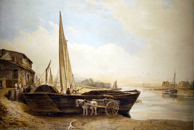 Una chiatta del Tamigi spiaggiata per lo scarico da John Varley