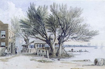 Edifici e alberi potati sulle rive del Tamigi, Millbank da John Varley