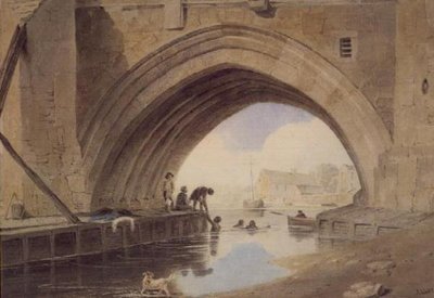 Bambini che nuotano sotto il ponte Ouse a York da John Varley
