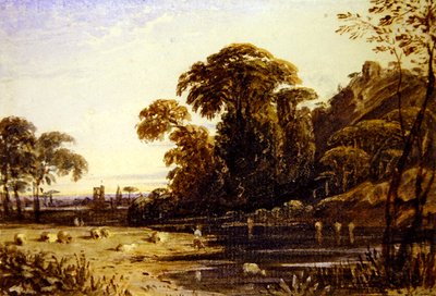 Paesaggio con torre su una collina da John Varley