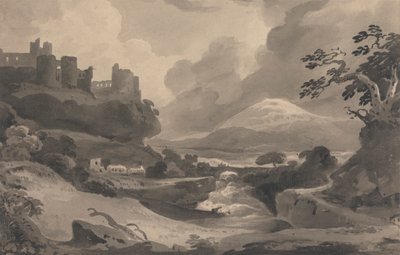 Paesaggio montano con rovine di un castello su una scogliera da John Varley