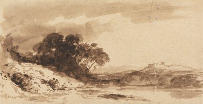 Paesaggio fluviale con due figure, lago e montagne lontane da John Varley