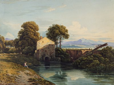 Mulino ad acqua con castello e colline in lontananza da John Varley