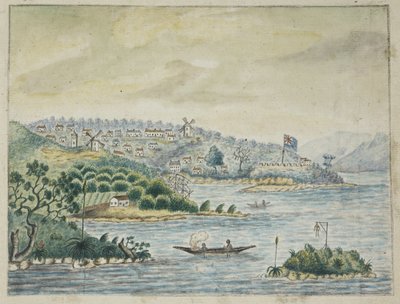 Add. 13880, f.79 Una vista di una colonia britannica. In primo piano, nativi in una canoa, da un Diario tenuto a bordo del trasporto Minerva, dall