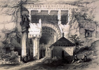 Karli, ingresso della grande grotta Chaitya, 1845 da John Weale