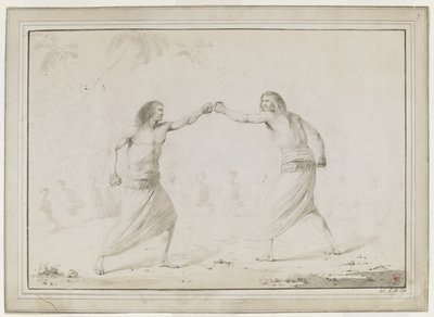 (Disegno intero) Due uomini che combattono, con spettatori seduti in un semicerchio e palme disegnate debolmente sullo sfondo da John Webber